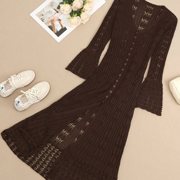 Brown Casual Women's Long Sleeve Button Elegant Crochet caridgan - Picture 7 of 8